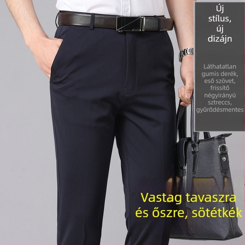 Férfiak mindennapi üzleti nadrág, egyenes szabás, magas derék, fleece béléssel, elasztikus, laza szabású, ősz-tél