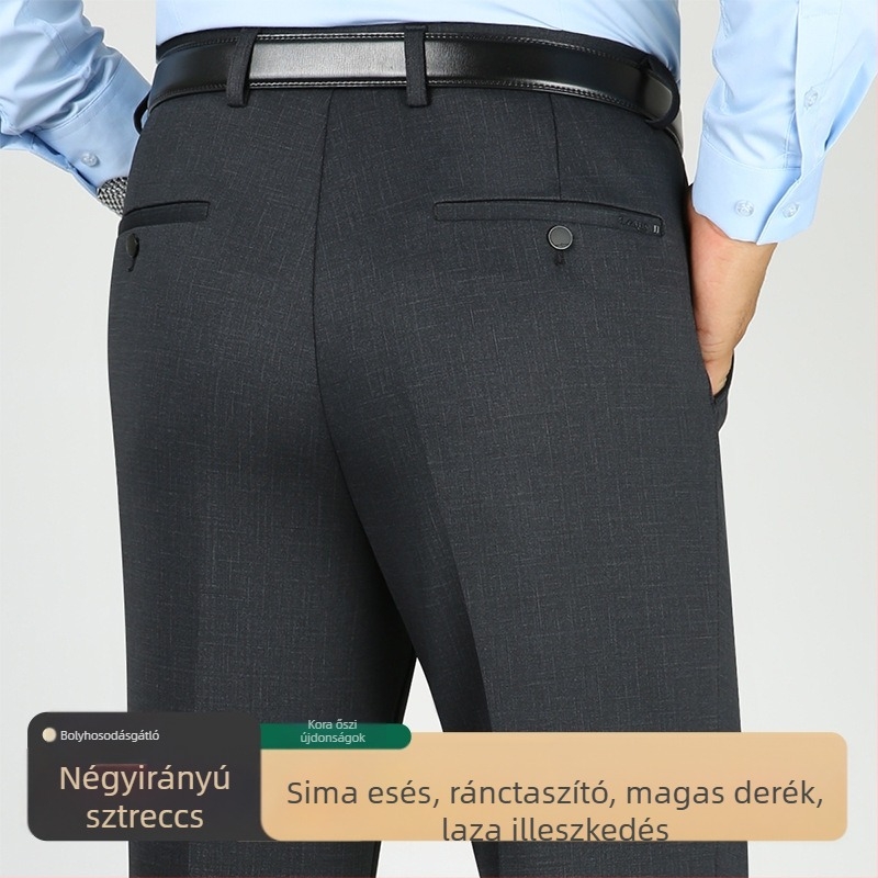 Férfiak számára vastag őszi-téli szabadidőnadrág, gyűrődésmentes és vasalásmentes, üzleti-casual stílus, bő szabás, magas derék, egyszínű, nagy méretek