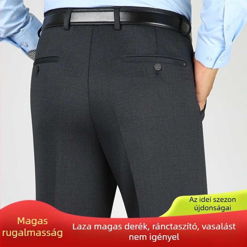 Férfiak számára vastag őszi-téli szabadidőnadrág, gyűrődésmentes és vasalásmentes, üzleti-casual stílus, bő szabás, magas derék, egyszínű, nagy méretek