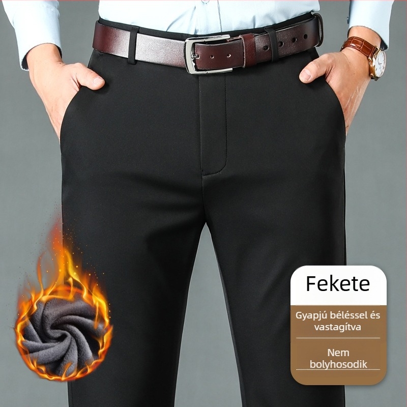 Férfiak számára téli fleece-béléssel, rugalmas anyagú, egyenes szabású üzleti nadrág