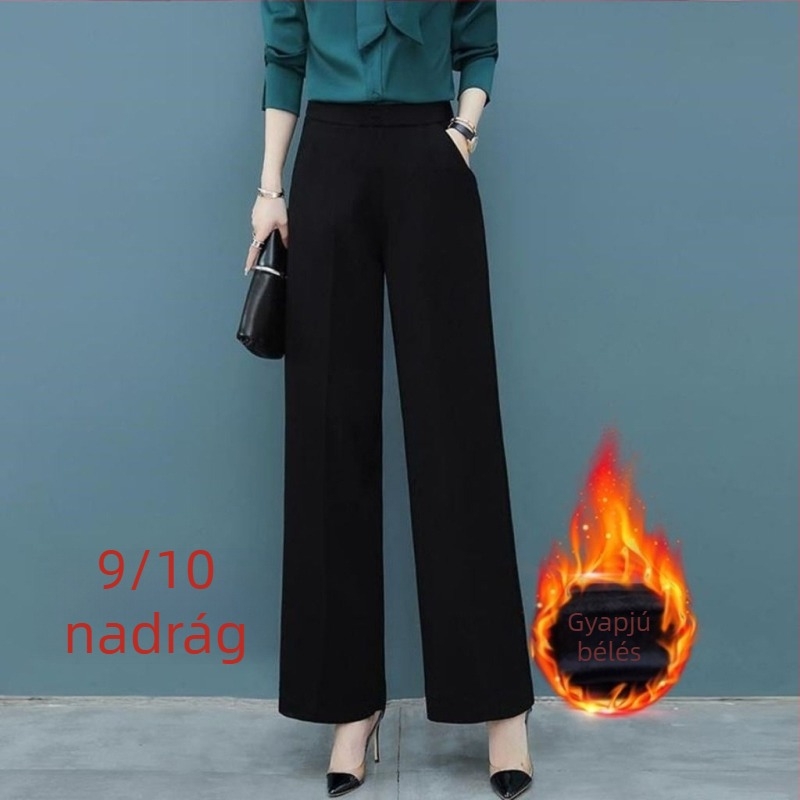 Női vastag bélelt széles lábú nadrág őszi‑téli időszakra, egyenes szabás, magas derék, hosszú