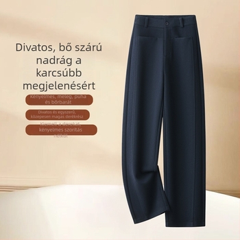 Női nadrág keskeny fazonú, széles szárú – őszi-téli 2025, magas derék, sötétkék gyapjú tweed, egyenes fazon, mindennapi viselet