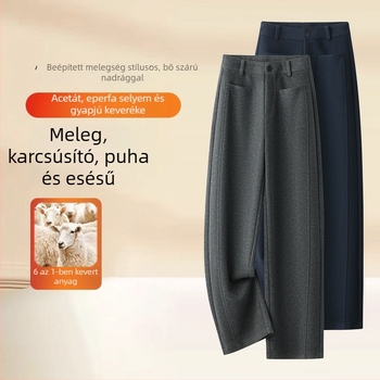 Női nadrág keskeny fazonú, széles szárú – őszi-téli 2025, magas derék, sötétkék gyapjú tweed, egyenes fazon, mindennapi viselet