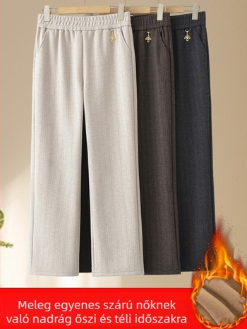 Női nadrág őszi-téli fleece béléses, lazán szabott, magas derekú, egyenes szabás - Napi, Alap stílus (Tavasz 2025; Anyag: Egyéb; Fő anyag összetétele: PVC ≤30%; Stílus: Casual, Alap; Mintázat: Egyszínű)