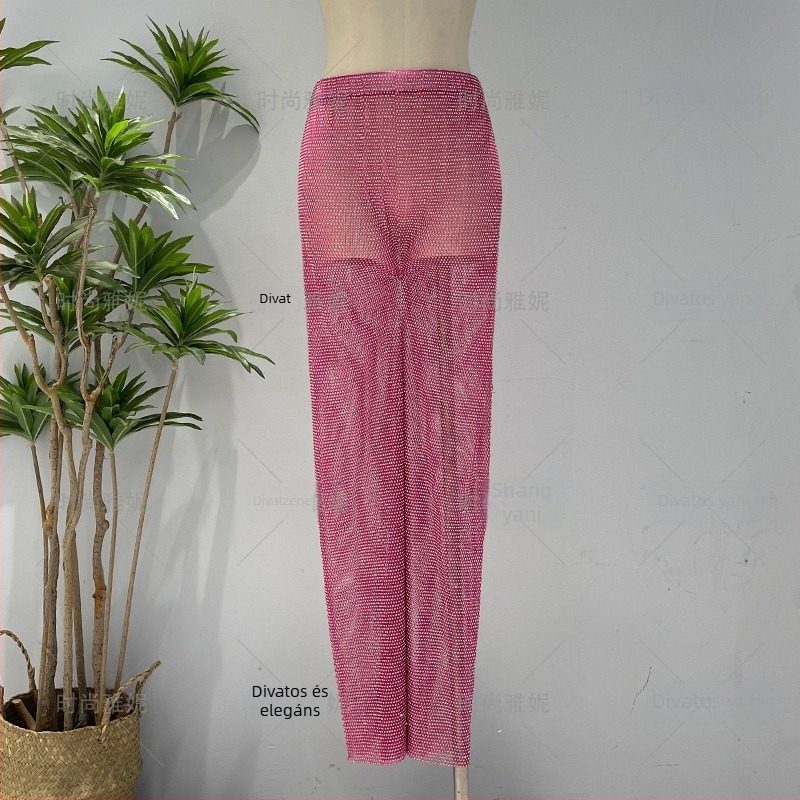 Fashion Yani színpadi nadrág, európai–amerikai stílus, gyémántokkal kirakott, elasztikus derékkal, üreges kivágású dizájn, teljes kövek díszítettek, mindennapi nadrág