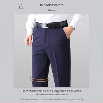 Férfi üzleti-casual nadrág, magas derekú, egyenes szabású, nylon–viszkóz keverék, vastag anyag