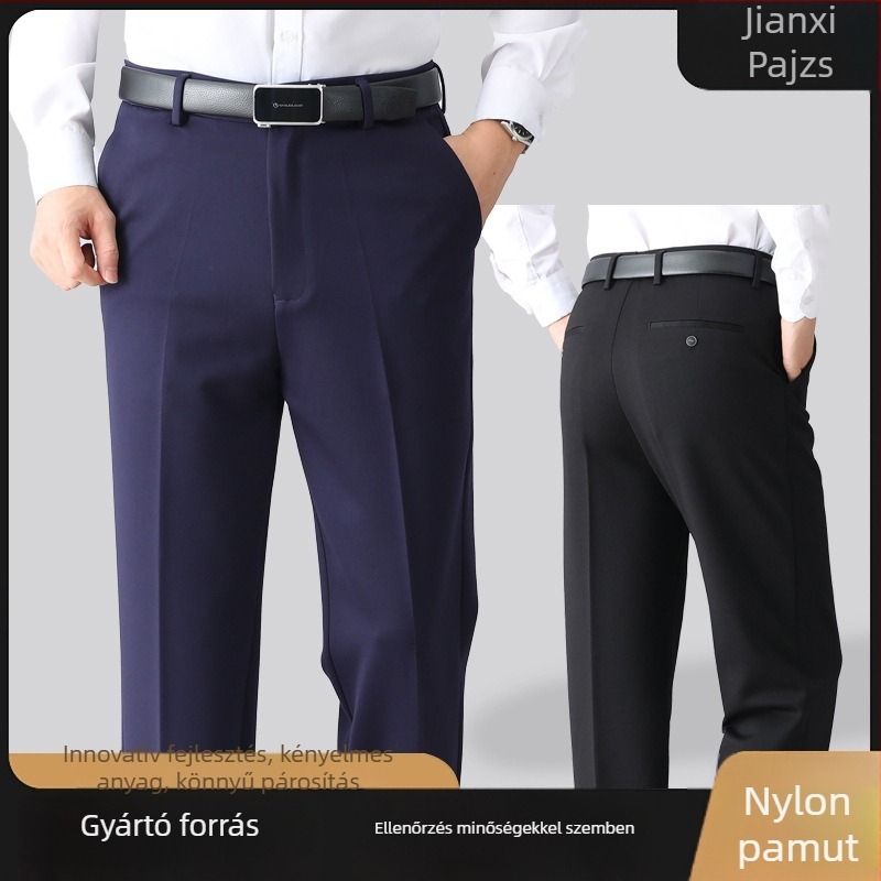 Férfi üzleti-casual nadrág, magas derekú, egyenes szabású, nylon–viszkóz keverék, vastag anyag