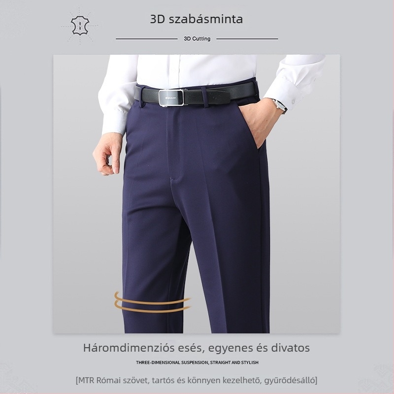 Férfi üzleti-casual nadrág, magas derekú, egyenes szabású, nylon–viszkóz keverék, vastag anyag