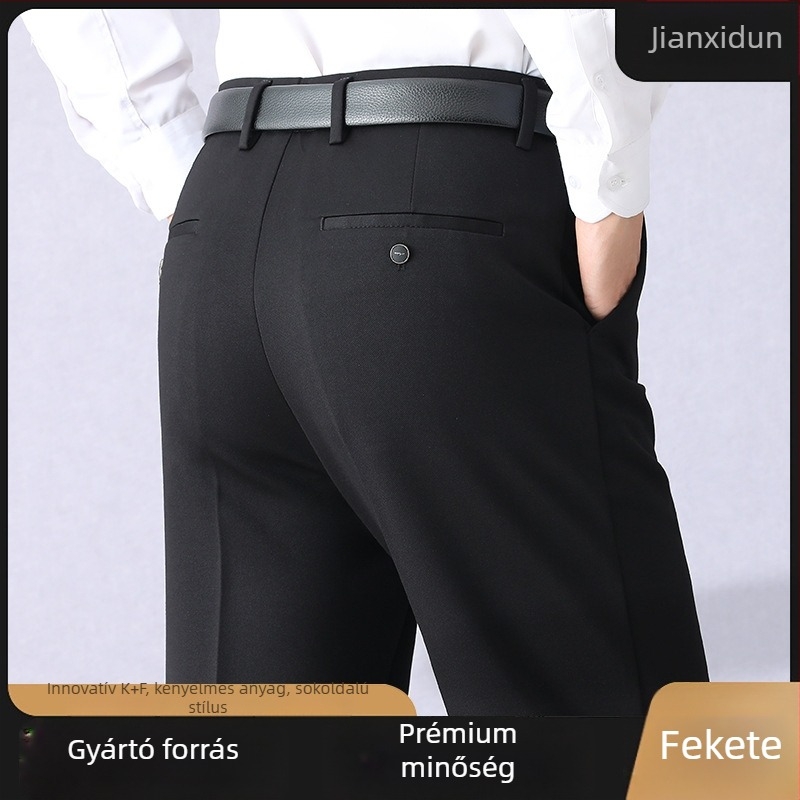 Férfi üzleti-casual nadrág, magas derekú, egyenes szabású, nylon–viszkóz keverék, vastag anyag