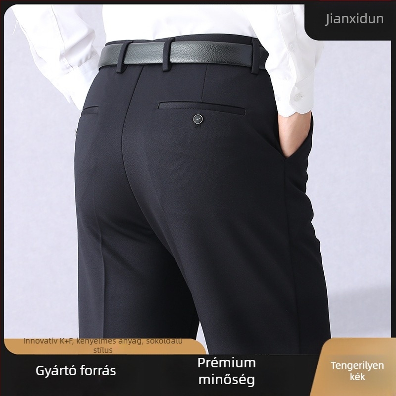 Férfi üzleti-casual nadrág, magas derekú, egyenes szabású, nylon–viszkóz keverék, vastag anyag