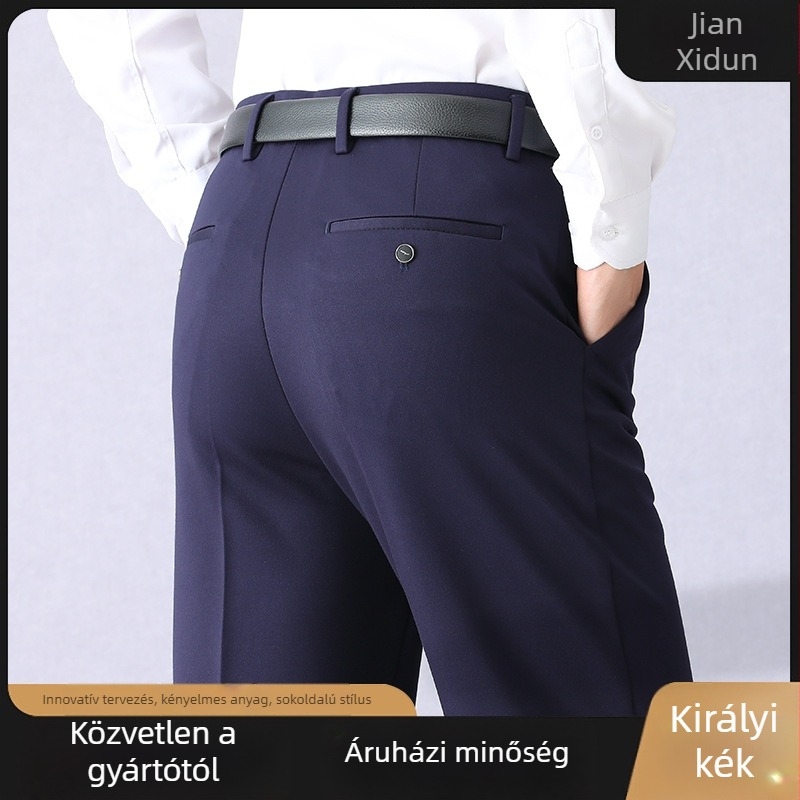 Férfi üzleti-casual nadrág, magas derekú, egyenes szabású, nylon–viszkóz keverék, vastag anyag