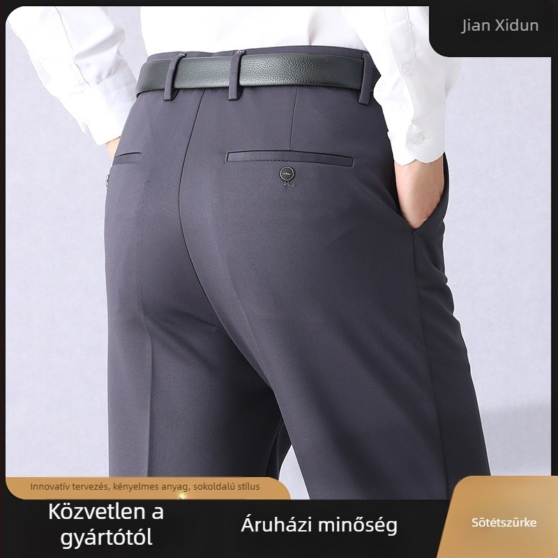 Férfi üzleti-casual nadrág, magas derekú, egyenes szabású, nylon–viszkóz keverék, vastag anyag