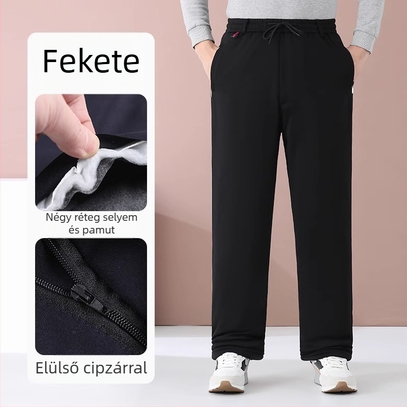 Férfi téli nadrág fleece-béléssel, egyenes szabású, magas derékú, cipzár, zseb díszítéssel