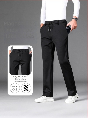 Férfi fleece-lével bélelt, egyenes szabású üzleti-casual nadrág, középső derekú, övvel és kötőzárral záródó, téli 2025