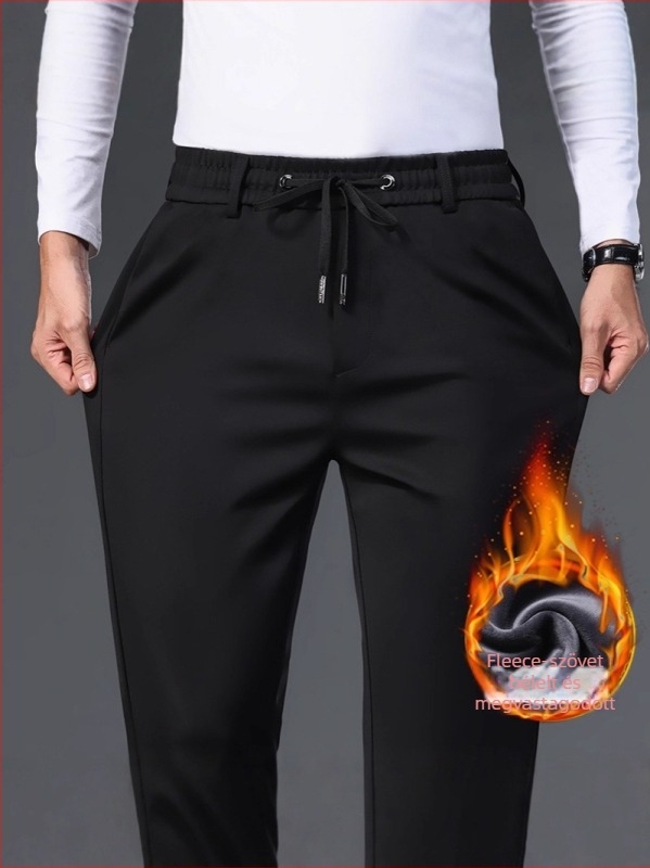 Férfi fleece-lével bélelt, egyenes szabású üzleti-casual nadrág, középső derekú, övvel és kötőzárral záródó, téli 2025
