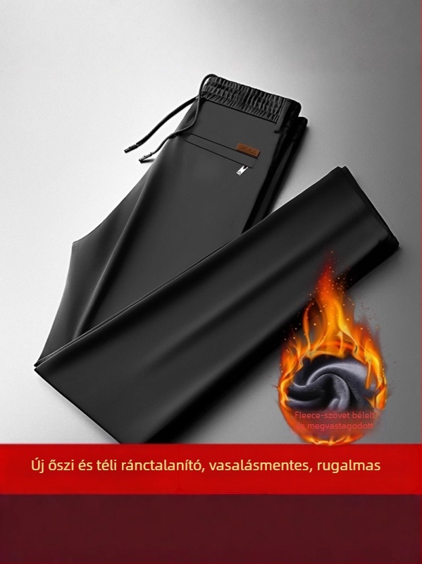 Férfi fleece-lével bélelt, egyenes szabású üzleti-casual nadrág, középső derekú, övvel és kötőzárral záródó, téli 2025