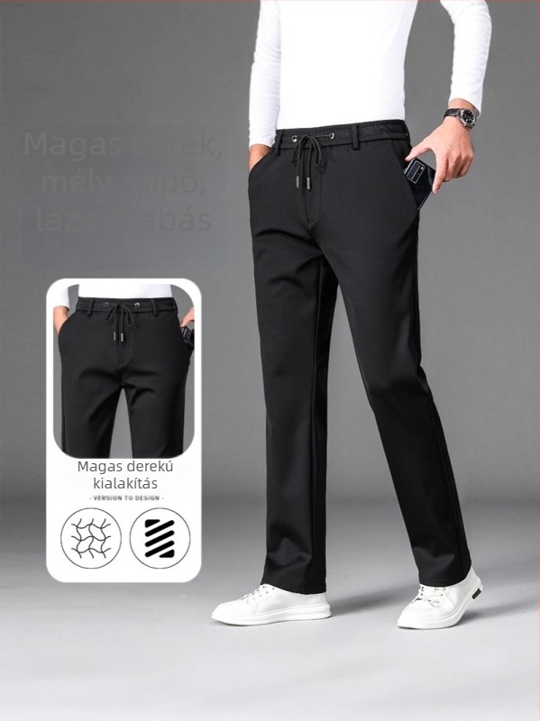 Férfi fleece-lével bélelt, egyenes szabású üzleti-casual nadrág, középső derekú, övvel és kötőzárral záródó, téli 2025