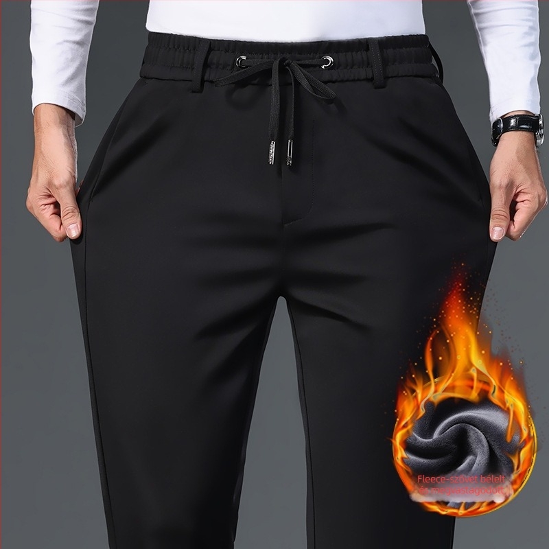 Férfi fleece-lével bélelt, egyenes szabású üzleti-casual nadrág, középső derekú, övvel és kötőzárral záródó, téli 2025