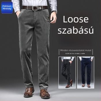 Férfi corduroy nadrág ősz-tél, laza egyenes szabás, magas derék, öv nélkül, zipzár, csíkos minta, 97% pamut
