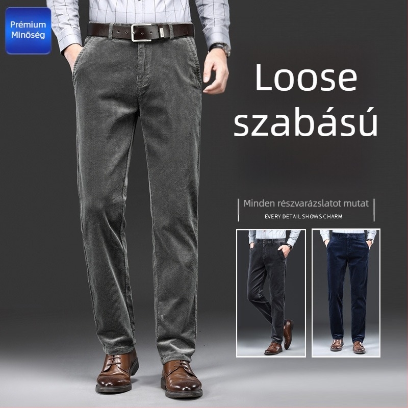 Férfi corduroy nadrág ősz-tél, laza egyenes szabás, magas derék, öv nélkül, zipzár, csíkos minta, 97% pamut