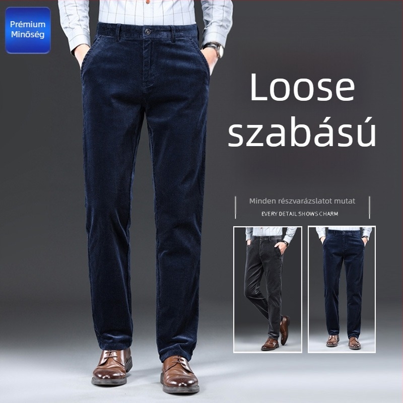 Férfi corduroy nadrág ősz-tél, laza egyenes szabás, magas derék, öv nélkül, zipzár, csíkos minta, 97% pamut