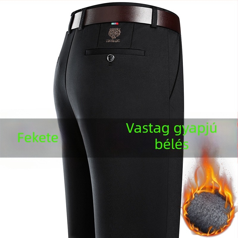 Férfiak magas derekú, lazán szabott, hosszú nadrág, őszi–téli fleece-belelt, mindennapi viselet