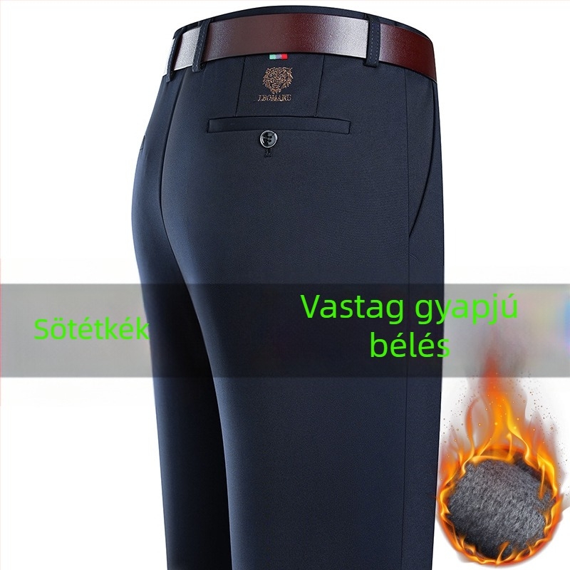 Férfiak magas derekú, lazán szabott, hosszú nadrág, őszi–téli fleece-belelt, mindennapi viselet
