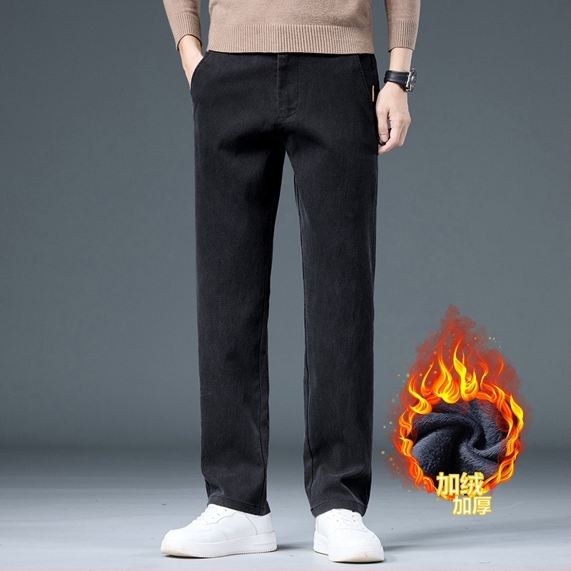 Férfi üzleti casual, egyenes szabású nadrág, lyocell-keverék anyagú fleece bélésével (67% lyocell, 31% poliészter, 2% spandex), középmagas Derék, mikro-elasztikusság, elől cipzárral záródó