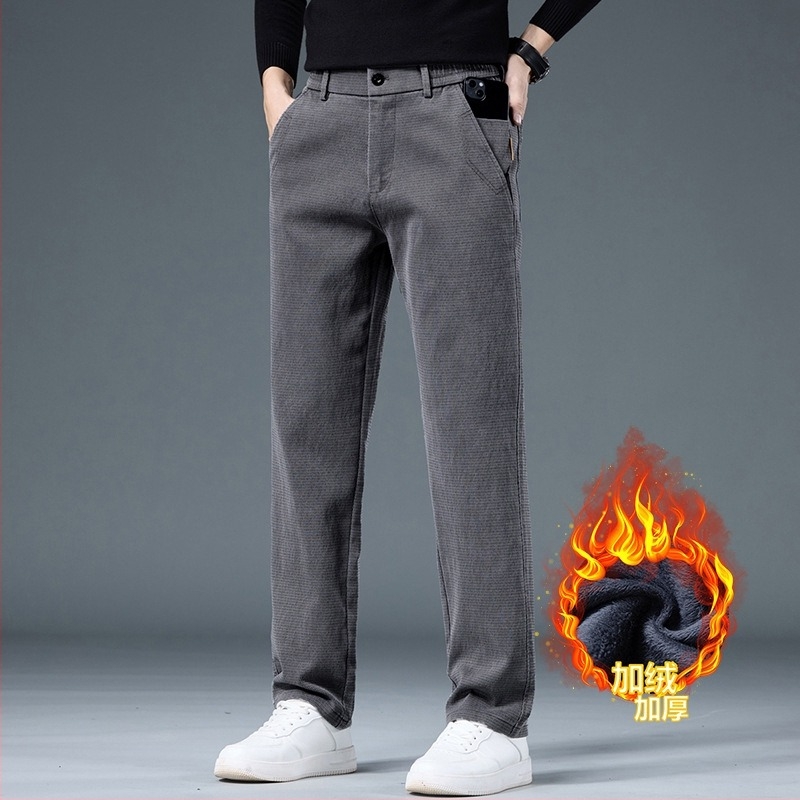 Férfi üzleti casual, egyenes szabású nadrág, lyocell-keverék anyagú fleece bélésével (67% lyocell, 31% poliészter, 2% spandex), középmagas Derék, mikro-elasztikusság, elől cipzárral záródó