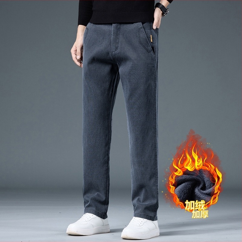 Férfi üzleti casual, egyenes szabású nadrág, lyocell-keverék anyagú fleece bélésével (67% lyocell, 31% poliészter, 2% spandex), középmagas Derék, mikro-elasztikusság, elől cipzárral záródó