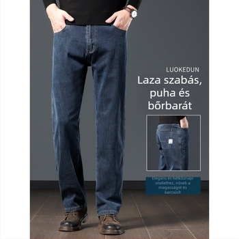 Férfi pamut farmernadrág fleece-béléssel, lazán illeszkedő szabás, magas derék, egész évre alkalmas