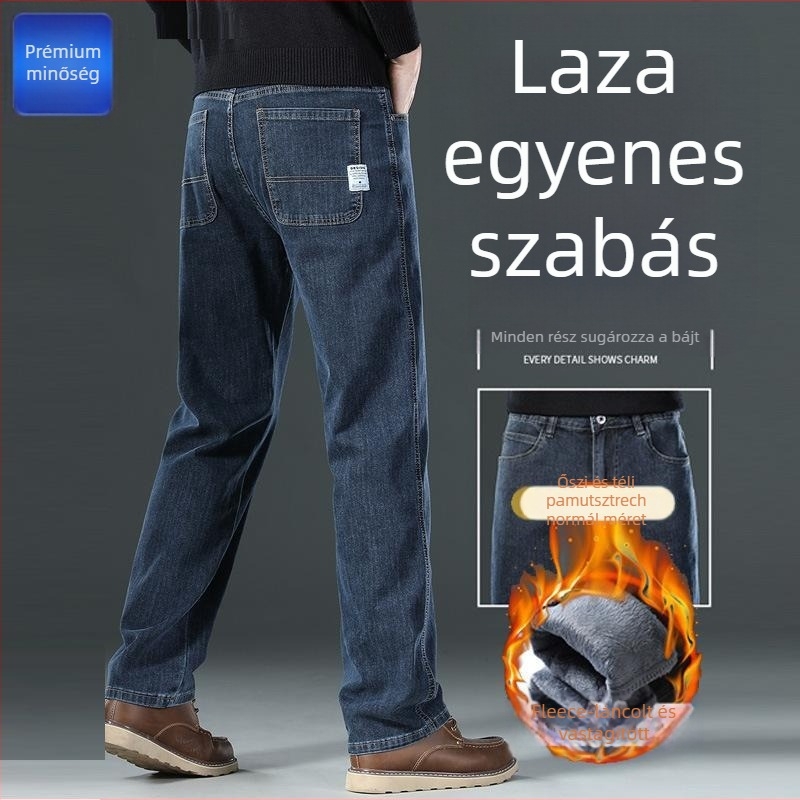 Férfi pamut farmernadrág fleece-béléssel, lazán illeszkedő szabás, magas derék, egész évre alkalmas