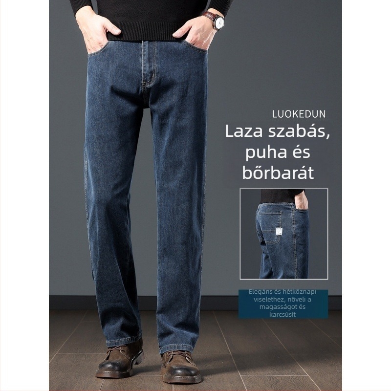 Férfi pamut farmernadrág fleece-béléssel, lazán illeszkedő szabás, magas derék, egész évre alkalmas