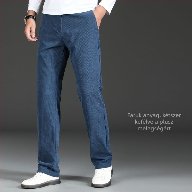 Corduroy férfi casual üzleti nadrág, őszi/téli, magas derekú, egyenes szabás, zipzár