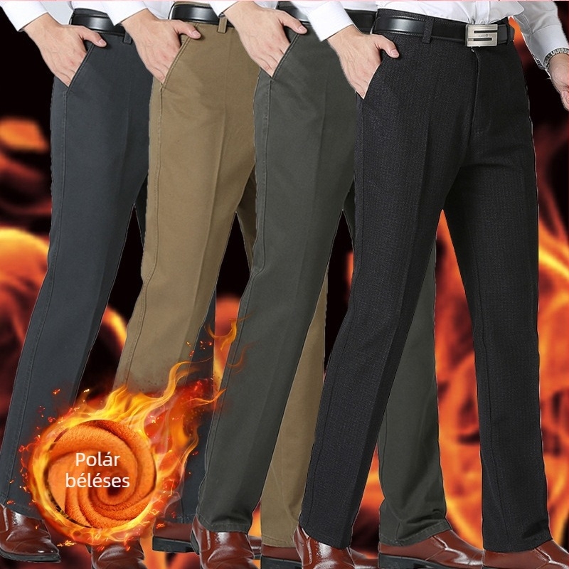 Fleece-bélélt pamutnadrág őszi–téli szezonra, lazán szabott egyenes szárú, középmagas derék, egyszínű, meleg mindennapi viselet