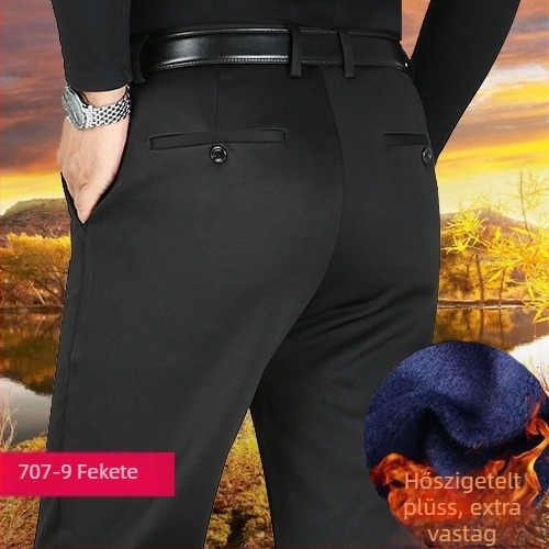 Téli férfi nadrág fleece béléssel, négyirányú elasztikusság, magas derék, egyenes szabás, laza illeszkedés, plusz méret