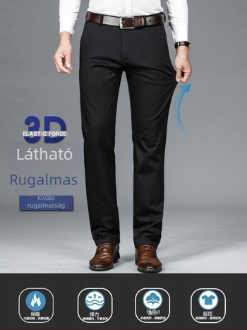 Nadrág férfiaknak, mindennapi, egyenes szárú, középmagasságú derekú, övvel, cipzárral, pamut-poliészter-spandex keverék (59% pamut, 38% poliészter, 3% spandex)