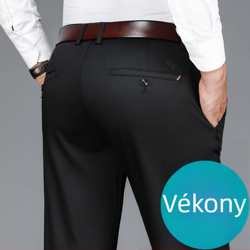 Nadrág férfiaknak, mindennapi, egyenes szárú, középmagasságú derekú, övvel, cipzárral, pamut-poliészter-spandex keverék (59% pamut, 38% poliészter, 3% spandex)