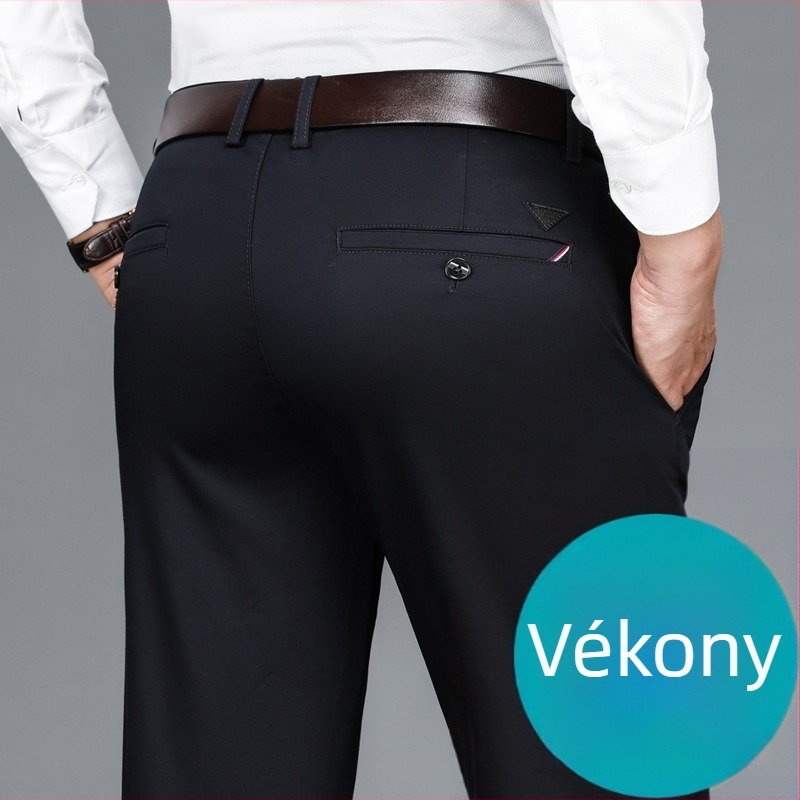 Nadrág férfiaknak, mindennapi, egyenes szárú, középmagasságú derekú, övvel, cipzárral, pamut-poliészter-spandex keverék (59% pamut, 38% poliészter, 3% spandex)