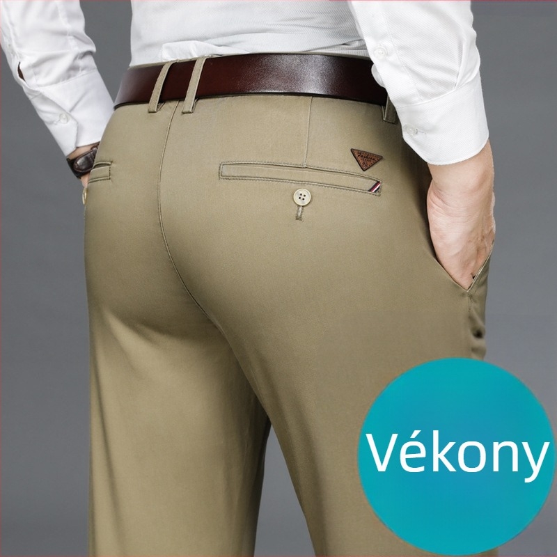 Nadrág férfiaknak, mindennapi, egyenes szárú, középmagasságú derekú, övvel, cipzárral, pamut-poliészter-spandex keverék (59% pamut, 38% poliészter, 3% spandex)