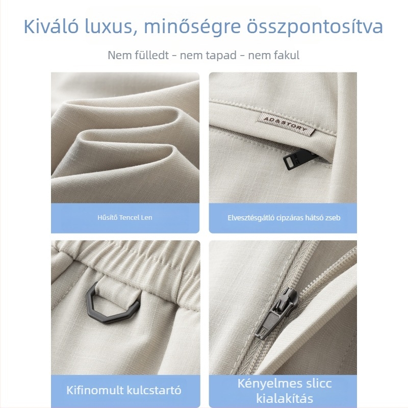 Férfiaknak készült Tencel-len nadrág, magas derekú, széles lábú, lezser, nyárra, könnyű