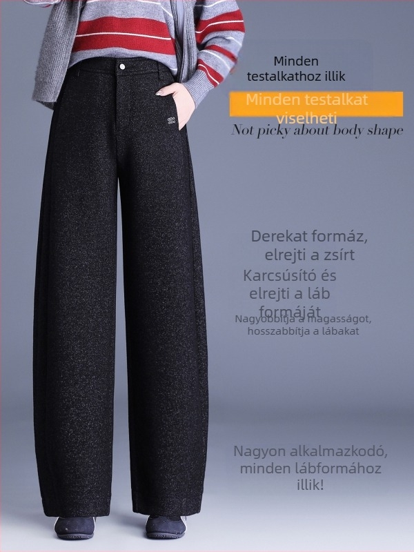 Női gyapjúkeverék nadrág scimitar-stílusban, magas derék, laza szabás, mindennapi elegáns téli modell 2025