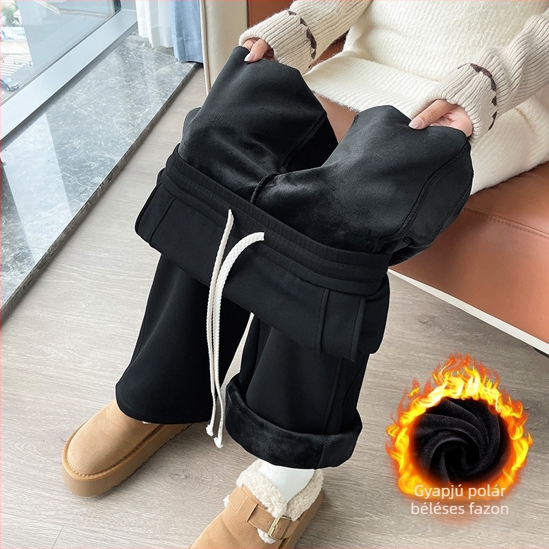 Női báránygyapjú nadrág fleece béléssel, karcsú szabású, széles szárú, casual stílus, ősz-tél