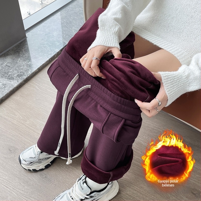 Női báránygyapjú nadrág fleece béléssel, karcsú szabású, széles szárú, casual stílus, ősz-tél