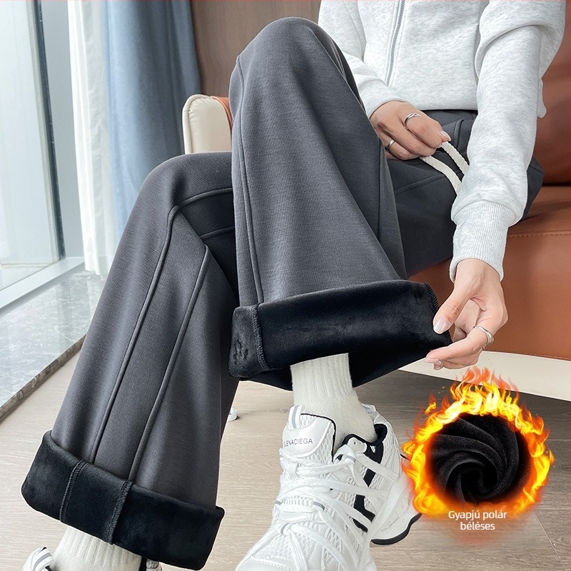 Női báránygyapjú nadrág fleece béléssel, karcsú szabású, széles szárú, casual stílus, ősz-tél