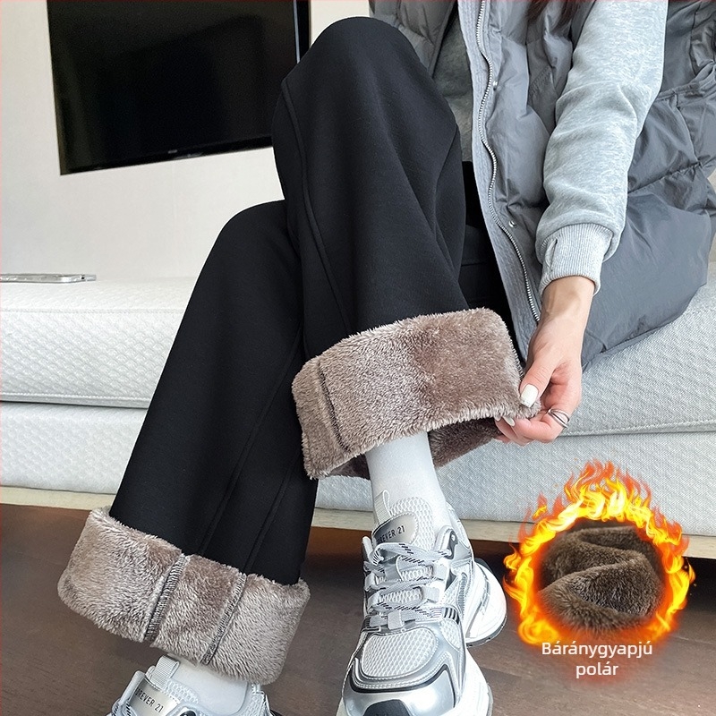 Női báránygyapjú nadrág fleece béléssel, karcsú szabású, széles szárú, casual stílus, ősz-tél