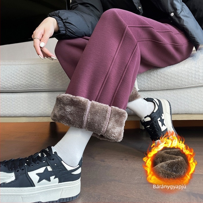 Női báránygyapjú nadrág fleece béléssel, karcsú szabású, széles szárú, casual stílus, ősz-tél