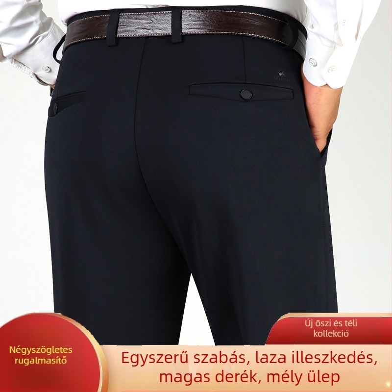 Férfiaknak szabadidő nadrág, magas derekú, egyenes szabás, vastag rugalmas pamutkeverék, cipzárral