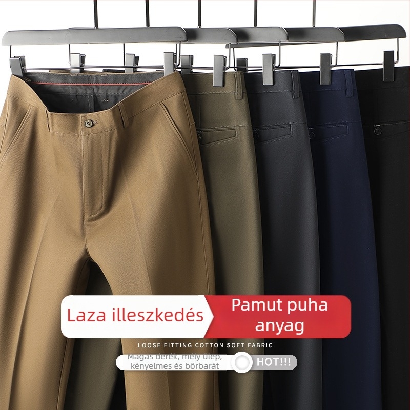 Őszi-téli férfi pamut casual nadrág, lazán szabott, magas derék, fleece-béléssel melegen, egyenes szárú üzleti-kényelmes nadrág