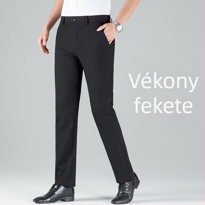 Férfiaknak szóló magas derékú, egyenes szabású nadrág, övvel, cipzárral záródó, vastag elasztikus poliészter anyag